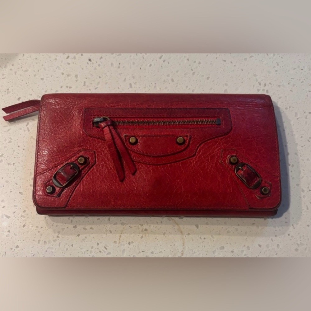 Balenciaga red leather city long snap wallet